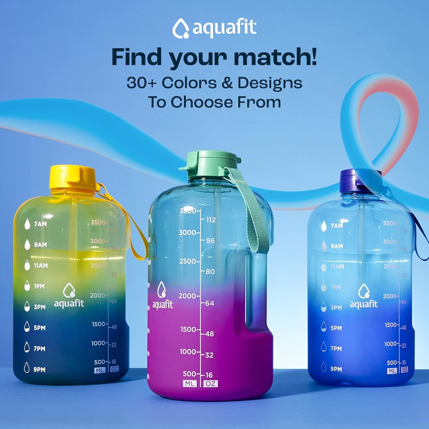 Half Gallon Water Bottle with Time Marker - Straw & Chug Lid - BPA Free Gym Water Bottle with Straw - Big Gallon Jug (Aqua, 64 Oz - 2 Lids)