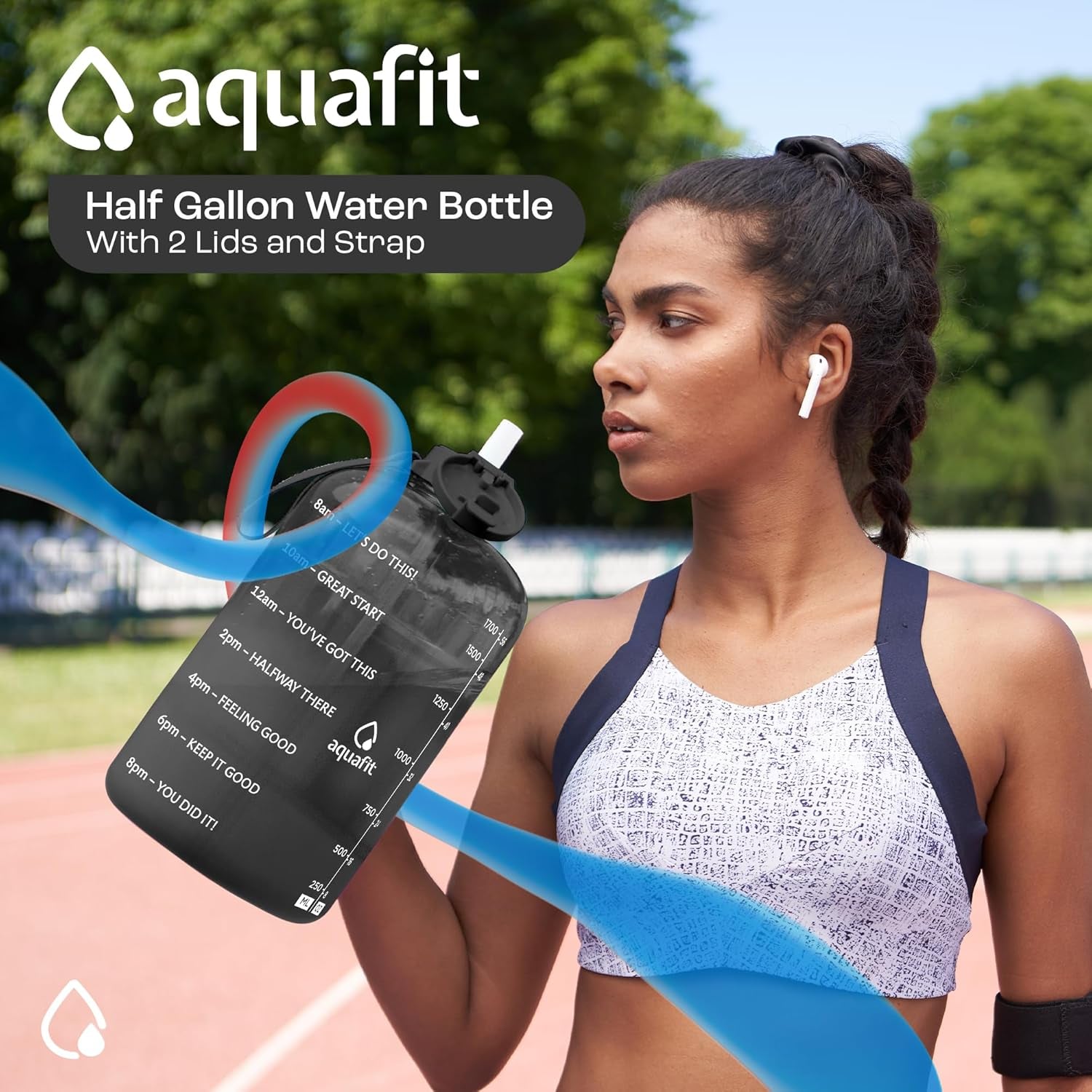 Half Gallon Water Bottle with Time Marker - Straw & Chug Lid - BPA Free Gym Water Bottle with Straw - Big Gallon Jug (Aqua, 64 Oz - 2 Lids)