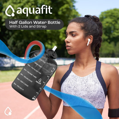 Half Gallon Water Bottle with Time Marker - Straw & Chug Lid - BPA Free Gym Water Bottle with Straw - Big Gallon Jug (Aqua, 64 Oz - 2 Lids)