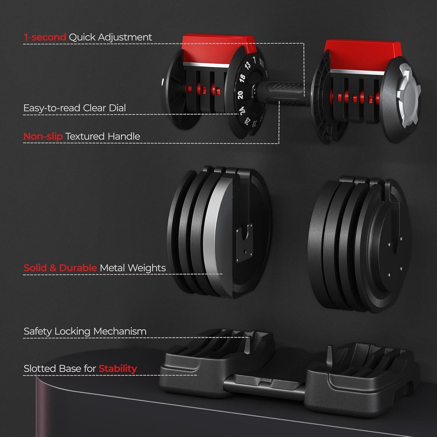 Adjustable Dumbbell Set 28/40/52.5/90LBS Adjustable Dumbbells Fast Adjust Dumbbell Weight Set with Anti-Slip Handle and Tray for Men/Women Home Gym Strength Training Equipment Single/Pair