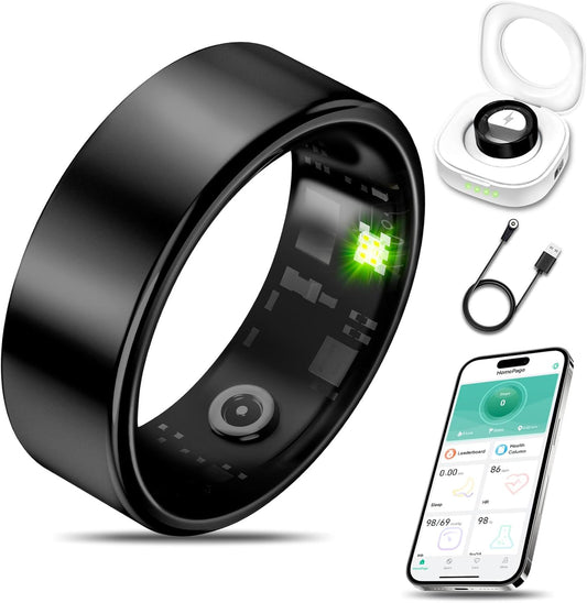 Smart Health Ring for Women Men Fitness Tracker with Heart Rate, Blood Oxygen, Blood Pressure, Sleep Monitoring, Step Counting, IP68 Waterproof for Iphone and Android, No Subscription Fee, Black *7