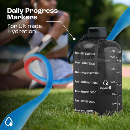 Half Gallon Water Bottle with Time Marker - Straw & Chug Lid - BPA Free Gym Water Bottle with Straw - Big Gallon Jug (Aqua, 64 Oz - 2 Lids)