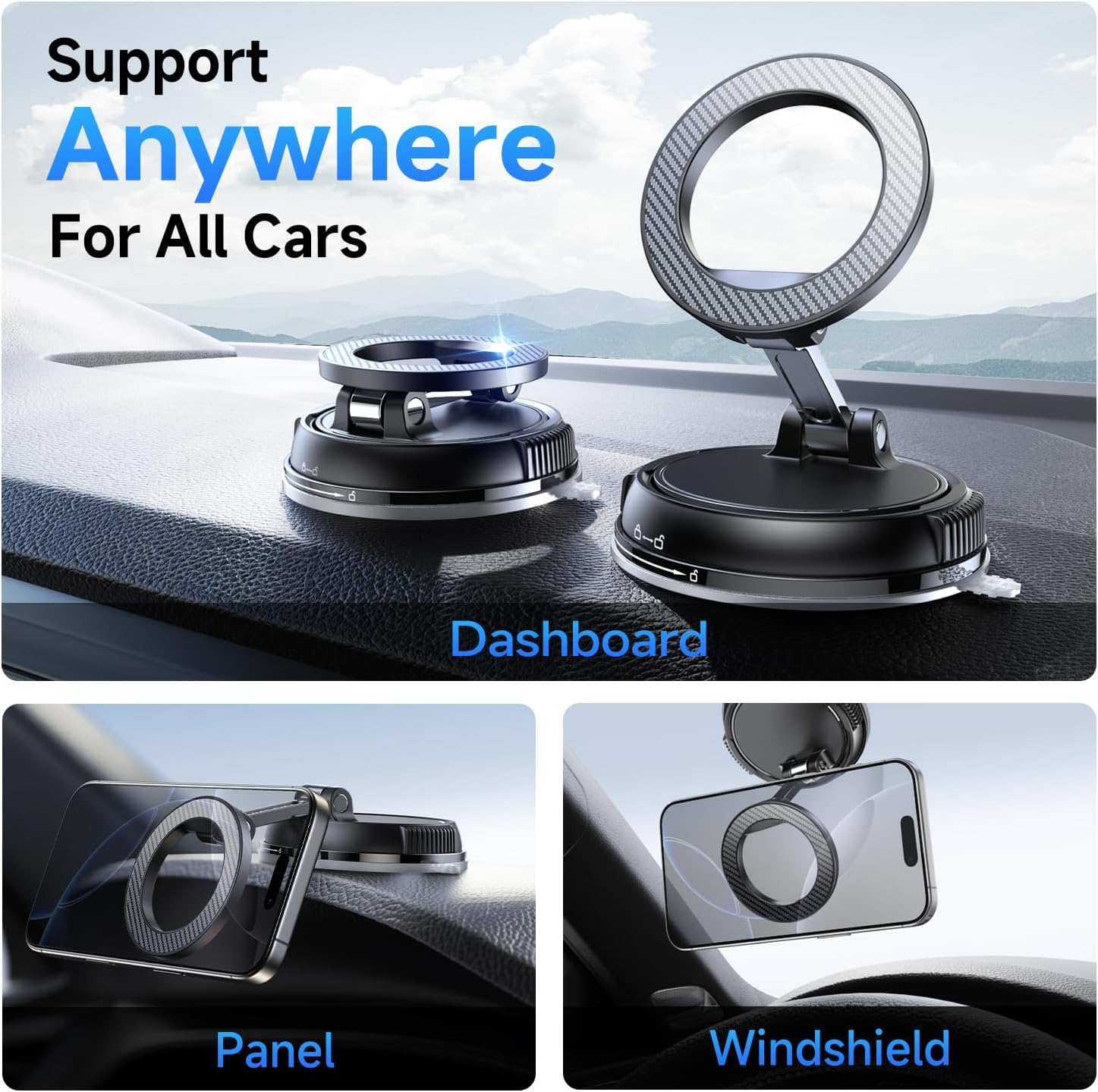 Car Phone Holder for Magsafe [78+LBS Strongest Suction & 2400Gf Strongest Magnetic] 360° Adjustable Car Phone Mount, Phone Holders for Your Car for Iphone 16 Pro Max 15 14 13 12 plus (Carbon Fiber)