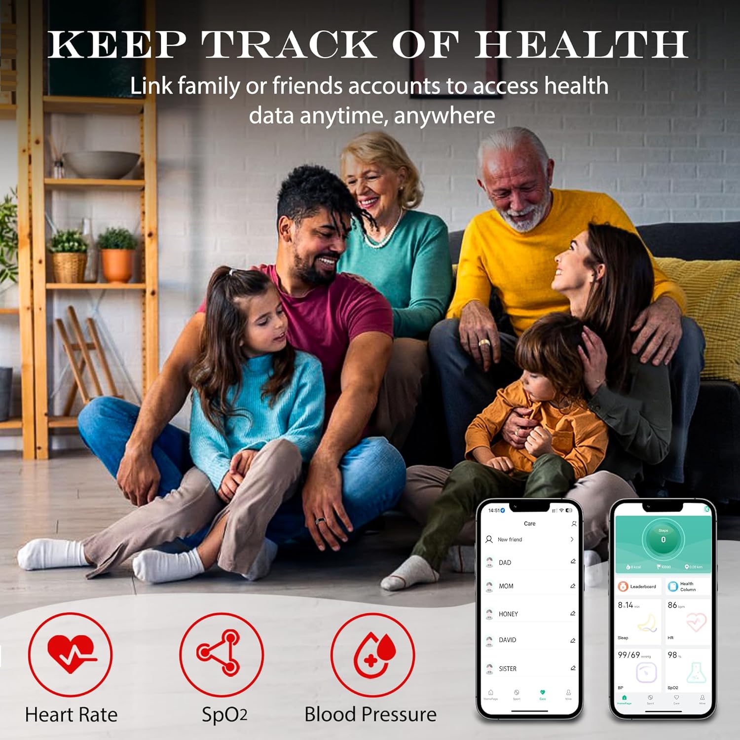 Smart Health Ring for Women Men Fitness Tracker with Heart Rate, Blood Oxygen, Blood Pressure, Sleep Monitoring, Step Counting, IP68 Waterproof for Iphone and Android, No Subscription Fee, Black *7
