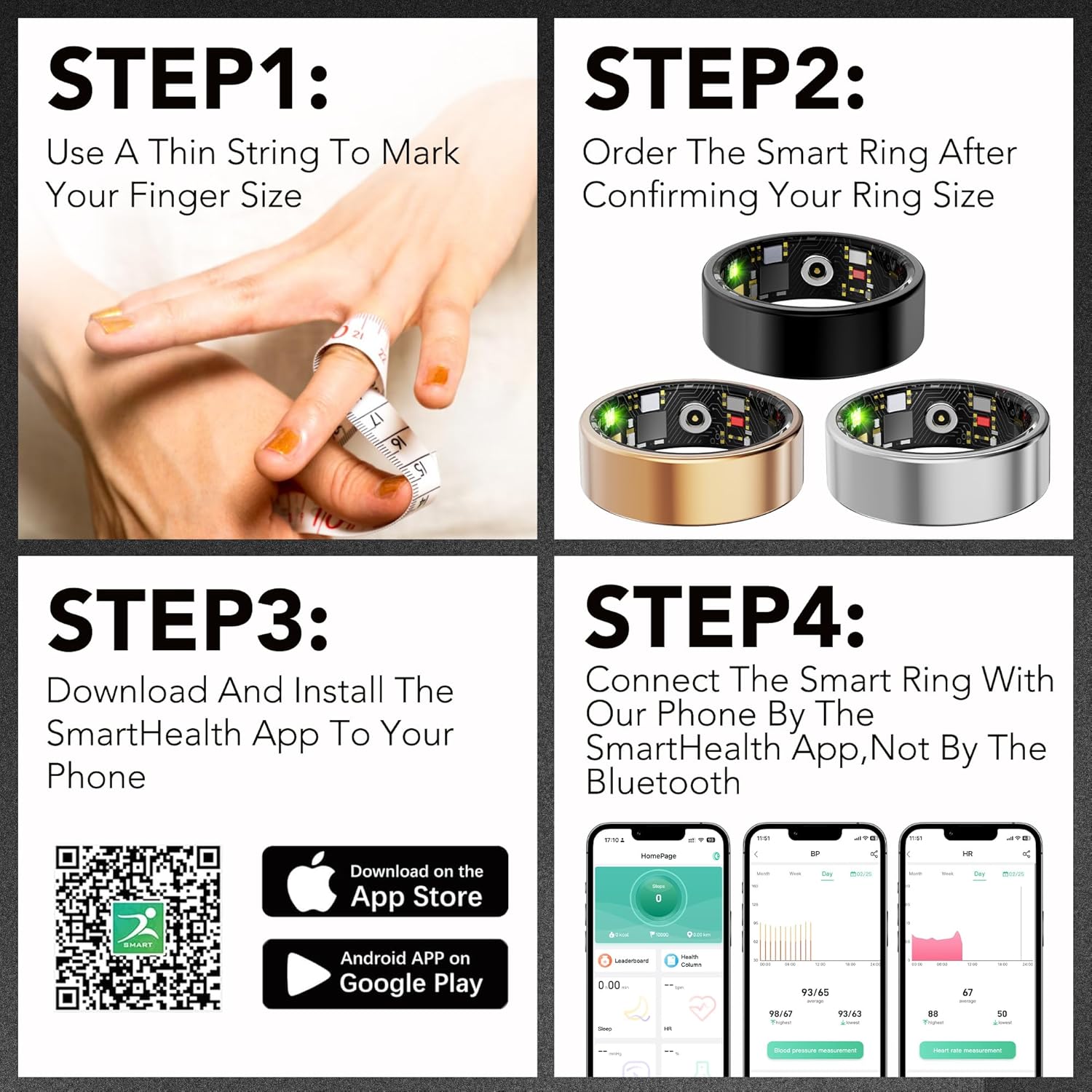 Smart Health Ring for Women Men Fitness Tracker with Heart Rate, Blood Oxygen, Blood Pressure, Sleep Monitoring, Step Counting, IP68 Waterproof for Iphone and Android, No Subscription Fee, Black *7