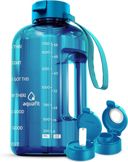 Half Gallon Water Bottle with Time Marker - Straw & Chug Lid - BPA Free Gym Water Bottle with Straw - Big Gallon Jug (Aqua, 64 Oz - 2 Lids)