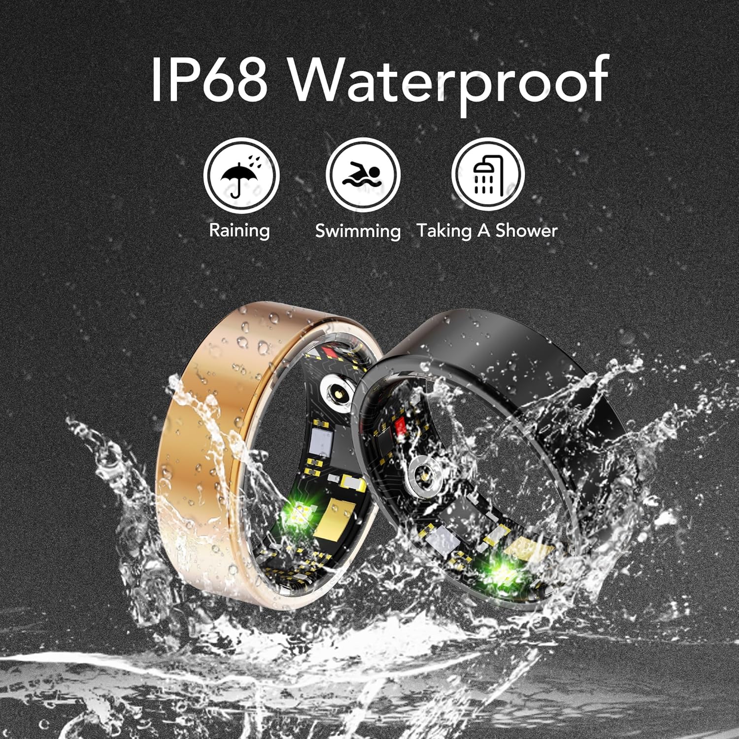 Smart Health Ring for Women Men Fitness Tracker with Heart Rate, Blood Oxygen, Blood Pressure, Sleep Monitoring, Step Counting, IP68 Waterproof for Iphone and Android, No Subscription Fee, Black *7
