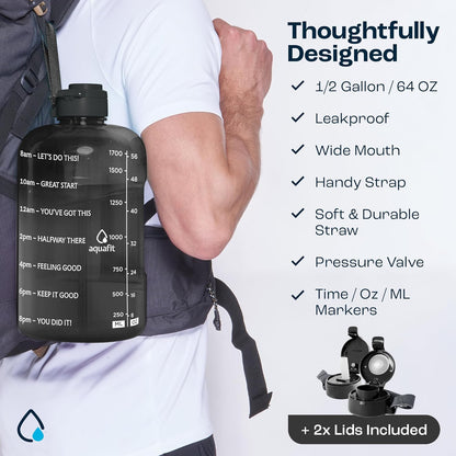 Half Gallon Water Bottle with Time Marker - Straw & Chug Lid - BPA Free Gym Water Bottle with Straw - Big Gallon Jug (Aqua, 64 Oz - 2 Lids)